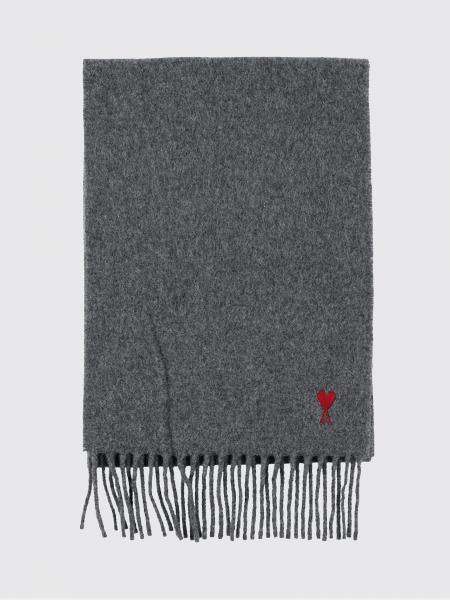 Ami Paris Wool Scarf with Embroidered Logo and Fringed Edges