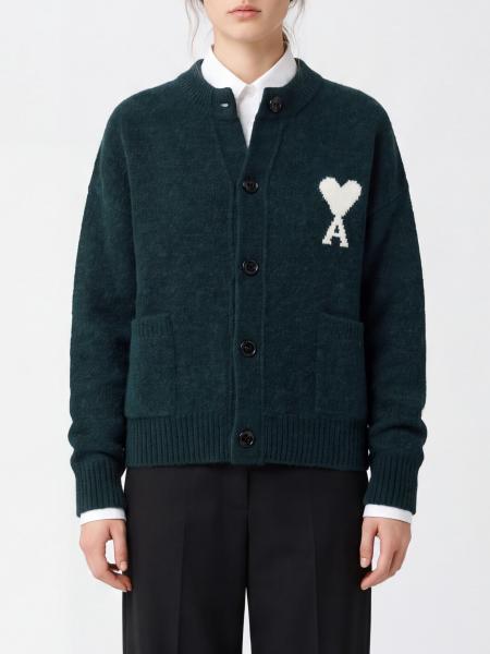 Relaxed Fit Cardigan Ami Paris in Wool and Alpaca Blend with Jacquard Logo