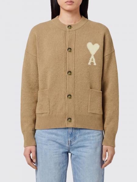 Relaxed Fit Cardigan Ami Paris in Wool and Alpaca Blend with Jacquard Logo