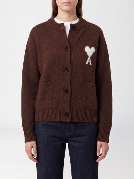 Relaxed Fit Cardigan Ami Paris in Wool and Alpaca Blend with Jacquard Logo