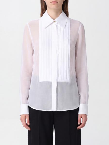 ELISABETTA FRANCHI 자수 플라스트론이 있는 슬림핏 실크 및 오간자 셔츠