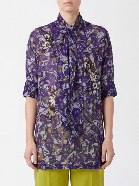 Short-Sleeved Dries Van Noten Printed Shirt with Floral Appliqués