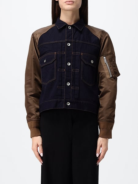 Cropped Cotton Denim Sacai Jacket with Contrasting Nylon Inserts