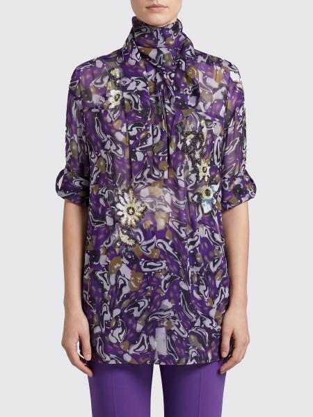 Abstract Print Viscose Blouse Dries Van Noten with Scarf Neck and Floral Appliqué