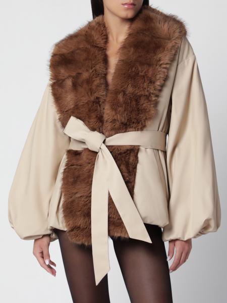 Rotate Faux Fur Coat with Balloon Sleeves and Belt