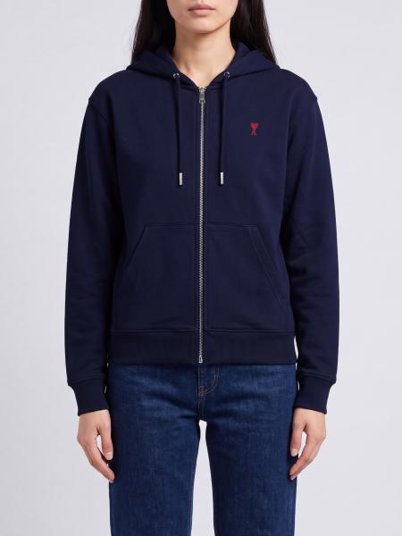 Cotton Zip-Up Hoodie Ami Paris with Embroidered Logo and Kangaroo Pocket