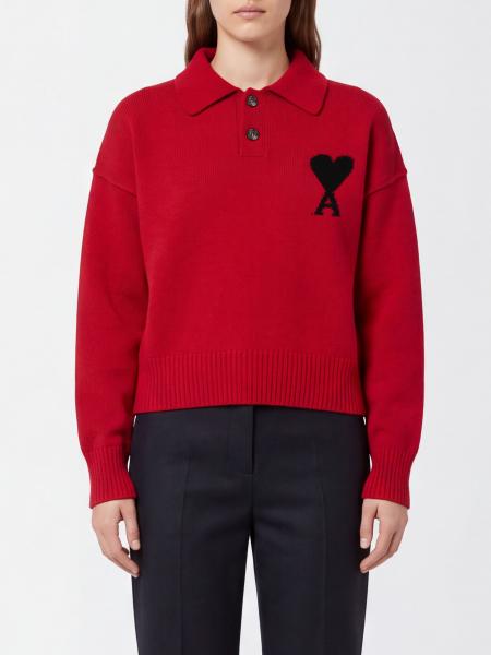 Long-Sleeved Knit Cotton Polo Ami Paris with Ami de Coeur Monogram Logo