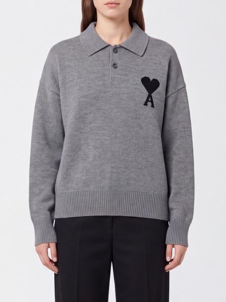 Long-Sleeved Knit Cotton Polo Ami Paris with Ami de Coeur Monogram Logo