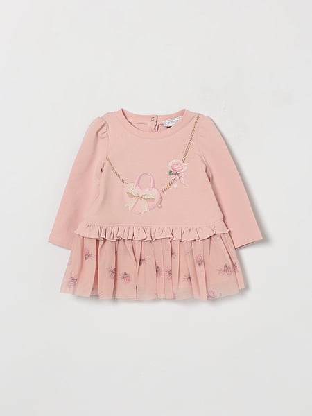 Monnalisa Girl's Flared Mini Dress in Cotton and Tulle with Floral Print