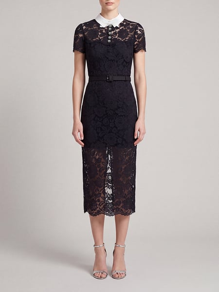 Midi Lace Self-Portrait Sheath Dress with Jewel Buttons and Belt