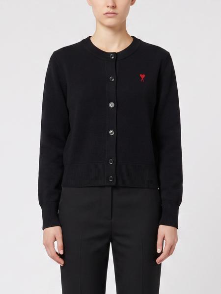 Ami Paris Crewneck Cardigan in Pure Merino Wool with Embroidered Logo