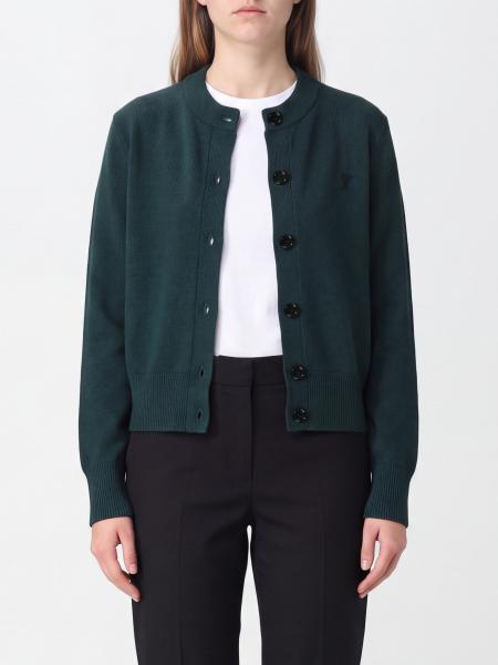 Ami Paris Crewneck Cardigan in Pure Merino Wool with Embroidered Logo