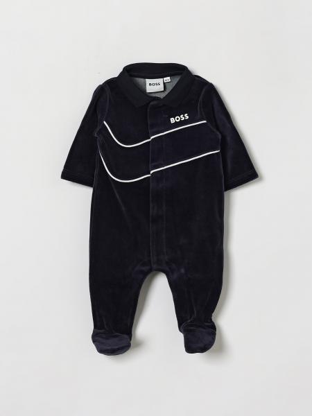 BOSS Baby Boy's Cotton Velvet Onesie with Feet and Contrast Logo