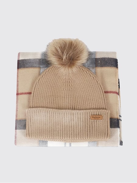 Set regalo Barbour con sciarpa e cappello in motivo tartan a contrasto