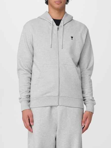Cotton Zip-Up Hoodie Ami Paris with Kangaroo Pocket and Logo