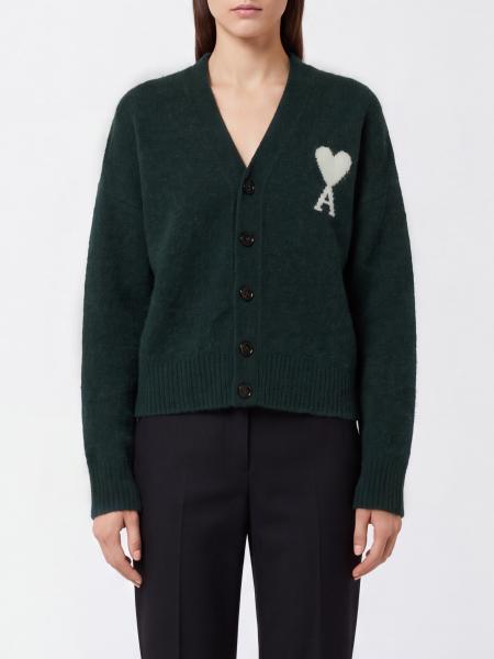 Ami Paris Alpaca Wool V-Neck Cardigan with Jacquard Logo