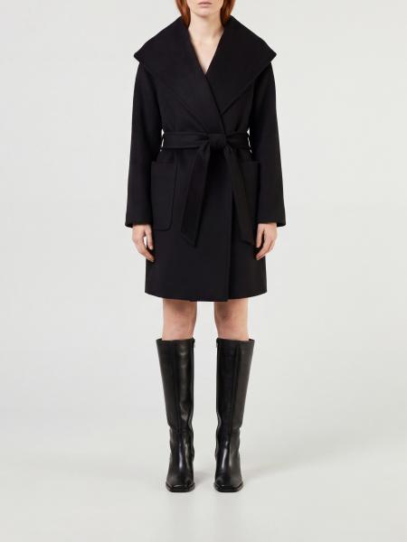 Max Mara Knee-Length Camel Wool Robe Coat with Shawl Collar and Belt