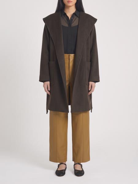 Max Mara Knee-Length Camel Wool Robe Coat with Shawl Collar and Belt