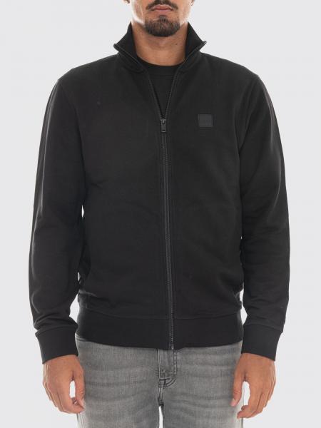 Felpa con zip Boss in cotone con collo a dolcevita e tasche a fessura laterali
