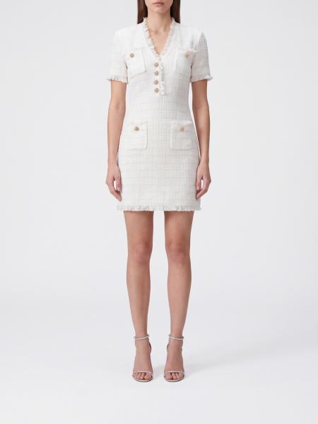 Self-Portrait Tweed V-Neck Sheath Mini Dress with Fringed Hem