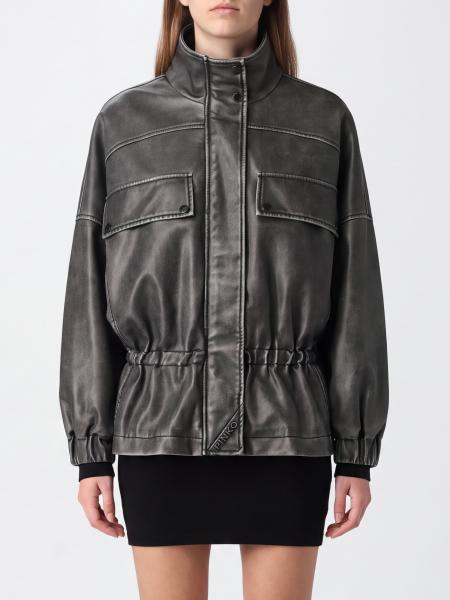 Pinko Cropped Faux Leather Bomber Jacket with Funnel Neck and Elasticated Waist
