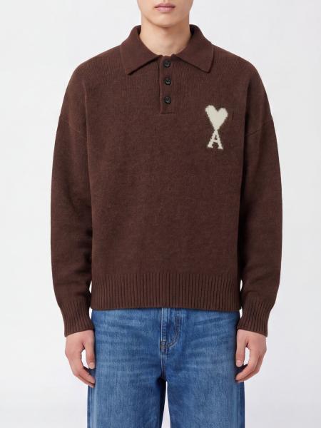 Ami Paris Long-Sleeved Knit Polo with Ami de Cœur Jacquard Logo