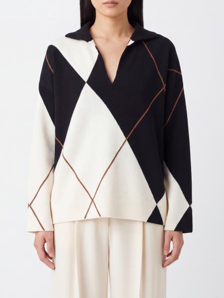 MAX MARA V넥 드롭 숄더 오버사이즈 아가일 울 폴로 스웨터
