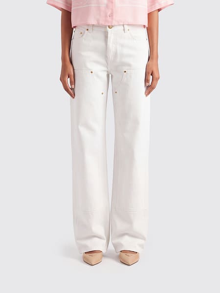 Balmain High-Waisted Wide Leg Jeans in White Cotton Denim