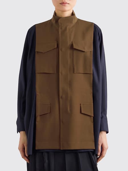 Bicolour Wool and Cotton Utility Shirt Sacai with Mandarin Collar and Patch Pockets
