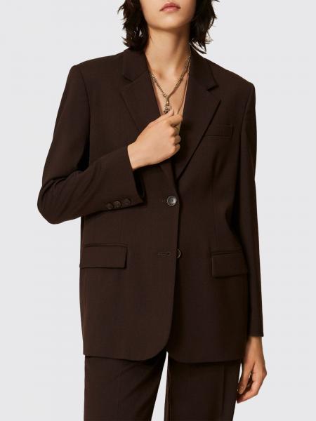 Twinset Single-Breasted Cropped Satin Blazer with Lapel Collar and Flap Pockets