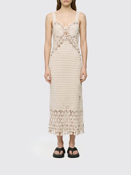 Rabanne Off-the-Shoulder V-Neck Crochet Midi Dress in Cotton