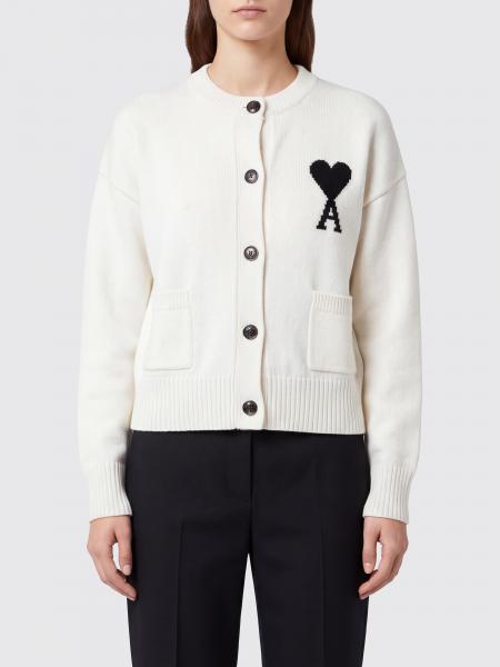 Ami Paris Red Wool Crewneck Cardigan with Contrasting Embroidered Logo