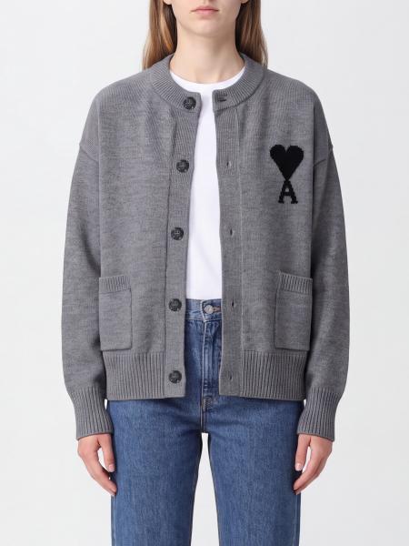 Ami Paris Red Wool Crewneck Cardigan with Contrasting Embroidered Logo