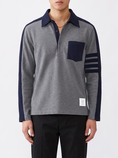 Long-Sleeved Bicolor Cotton Polo Shirt Thom Browne with 4-Bar Logo