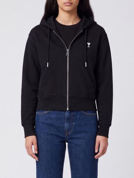 Ami Paris Hooded Zip-Up Cotton Sweatshirt with Embroidered Logo