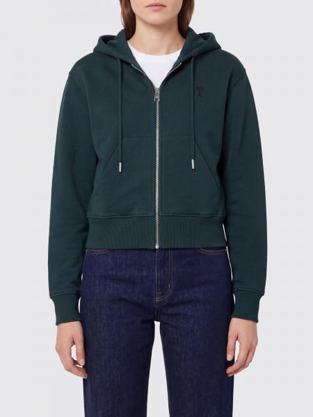 Ami Paris Hooded Zip-Up Cotton Sweatshirt with Embroidered Logo