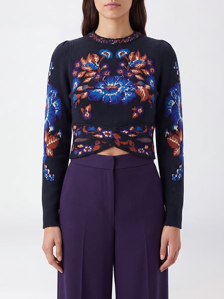 Farm Rio Cropped Jacquard Knit Jumper with Crew Neck and Puffed Shoulders