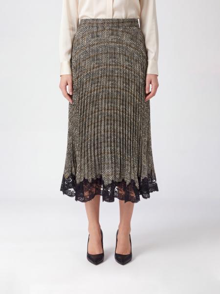 Ermanno Scervino Check Crêpe Pleated Midi Skirt with Lace Inserts