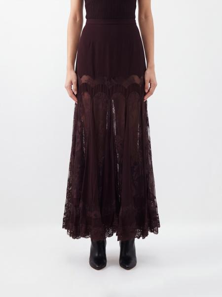 Zimmermann High-Waisted Silk Crêpe Long Skirt with Lace Inserts
