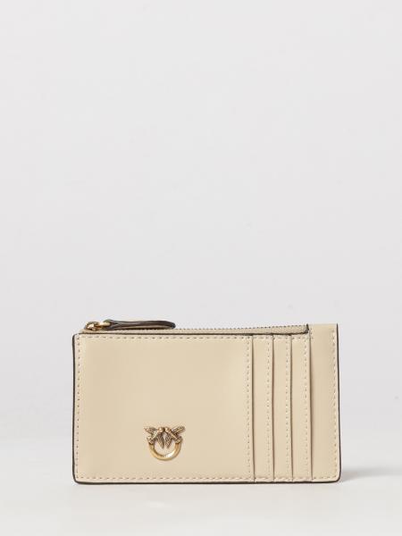 Pinko Flat Leather Card Holder with Love Birds Logo and Zip Closure