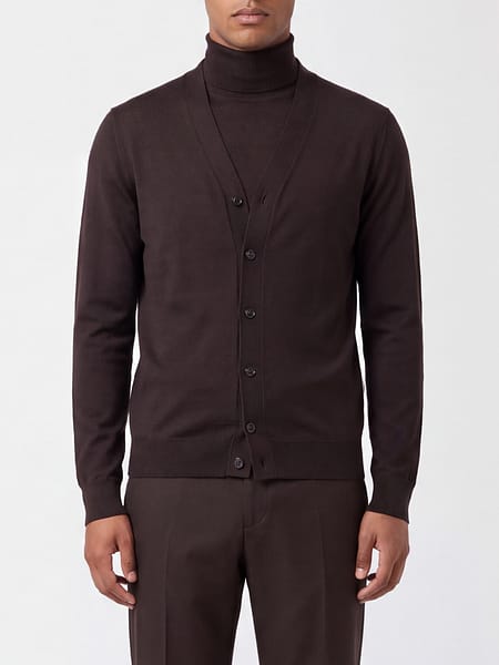 V-Neck Virgin Wool Cardigan Paolo Pecora with Long Sleeves and Ribbed Trims