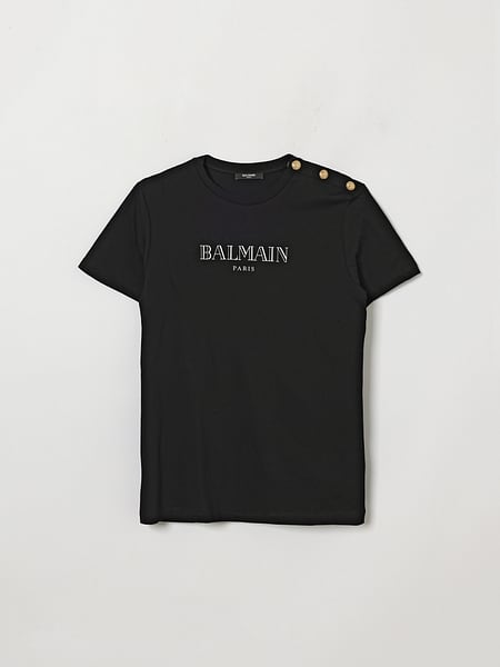 Boy's Cotton T-shirt Balmain with Shoulder Buttons and Logo Print