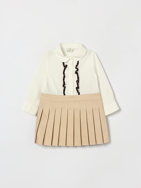 Fendi Girl's Cotton-Blend Dress with Peter Pan Collar and Ruffles