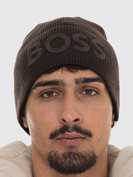 Bonnet beanie Boss en maille côtelée de laine mélangée avec logo brodé
