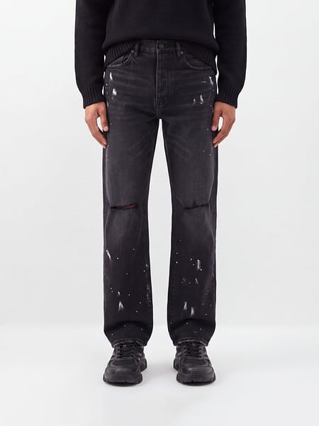 Wide-Leg Purple Denim Jeans with Abstract Print and Distressed Finish