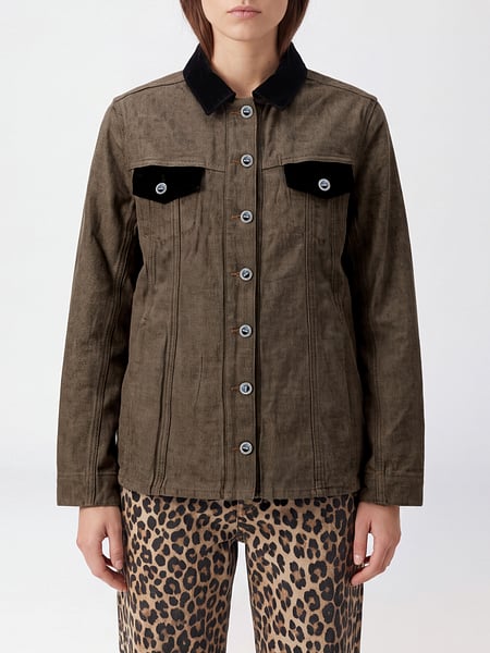 Ganni Neppy Check Cotton Shirt Jacket with Balloon Sleeves
