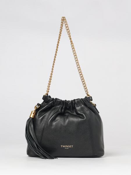 Twinset 메탈릭 메시 핸들이 있는 스무스 가죽 버킷 백