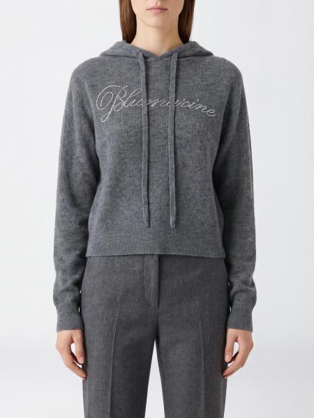 Blumarine Pure Wool Knitted Hoodie with Rhinestone Logo