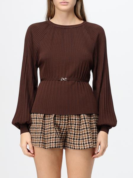 Pleated Crewneck Jumper Twinset in Viscose Blend with Belt