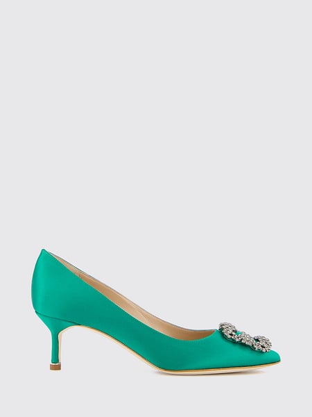 Manolo Blahnik Hangisi Satin Pumps with Jewel Buckle and Mid Heel